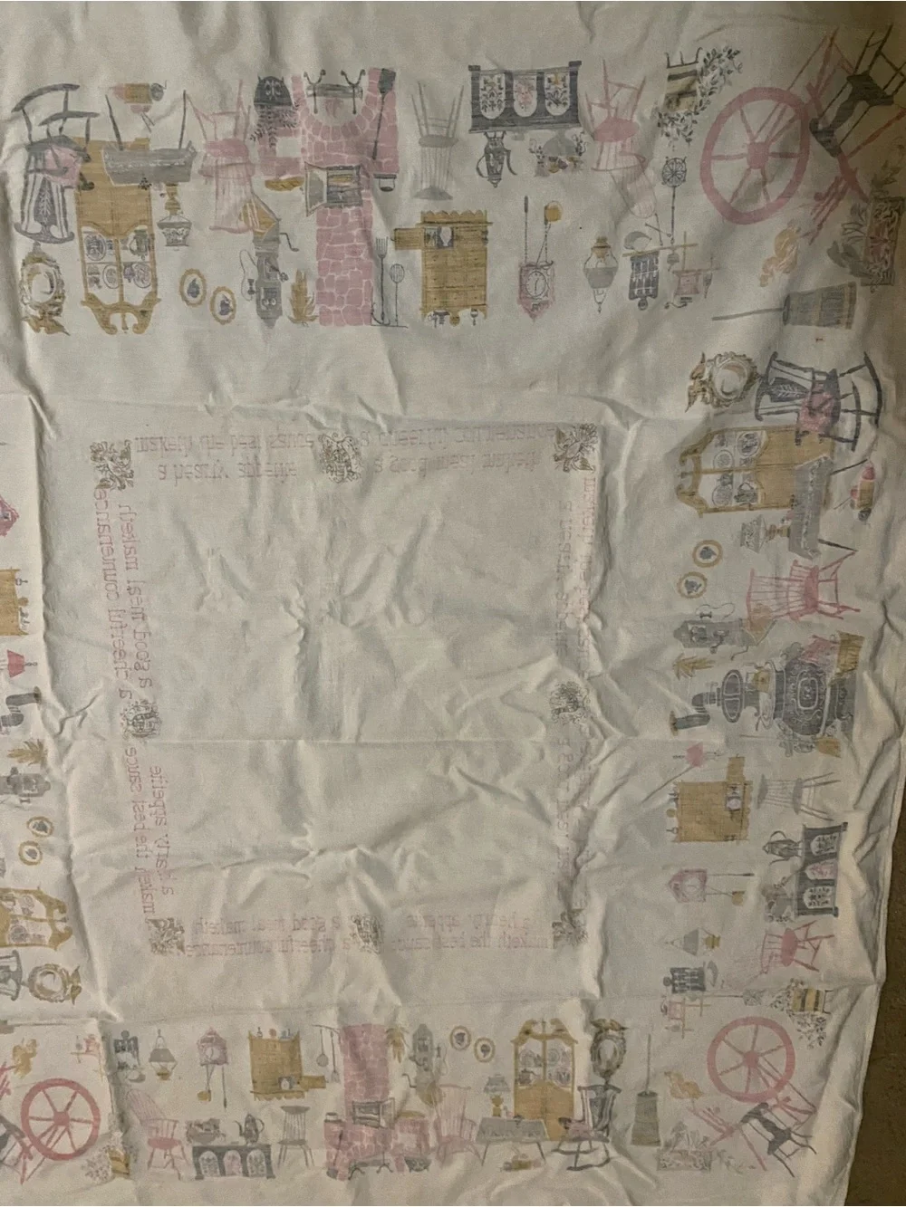 Vintage 50s Kitschy Kitchen Proverb MCM Tablecloth Retro Folk Art Cotton 44x54